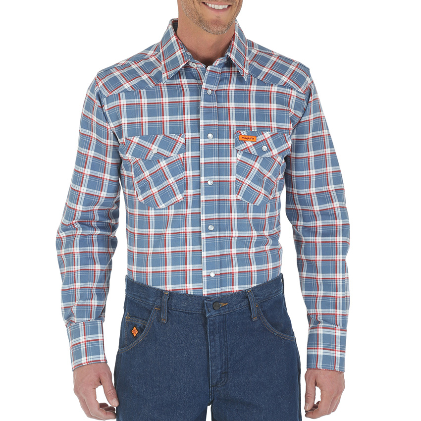 Wrangler FR Plaid Work Shirt with Pearl Snaps
